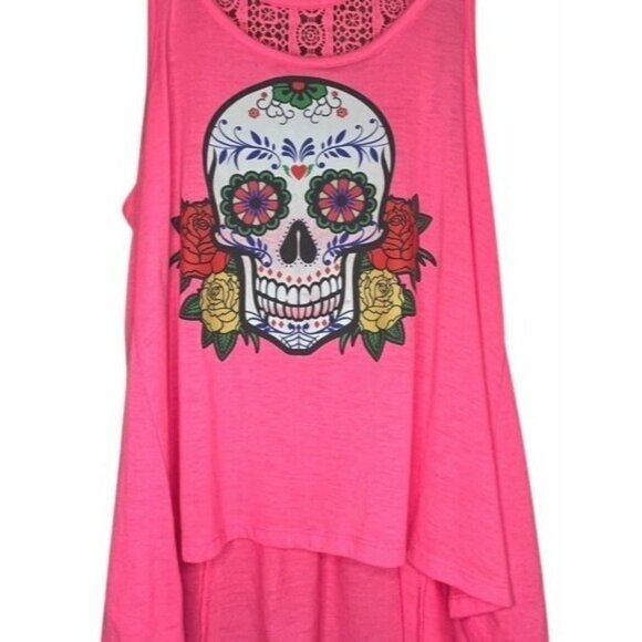 Pink High Low Tank Top Sugar Skull Roses Lace Back Detail Womens Dia De Muertos - Picture 3 of 11